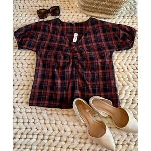 Madewell Plaid Tie Front Top V Neck Short Sleeve Blouse Size XXS Rust Navy NWT